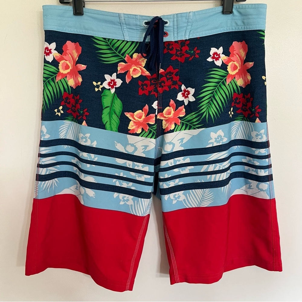 Men’s Burnside  Board Shorts Swim Trunks Sz 32 Stretch Hawaiian Print Zip Pocket